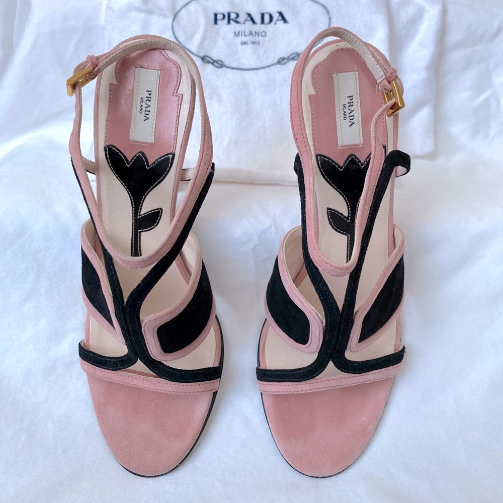 Prada Milano Pink/Black Suede Heels.